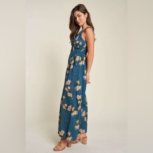 149B. Floral Smocked Bodice Jumpsuit - Teal Blue - Picture 2 of 9